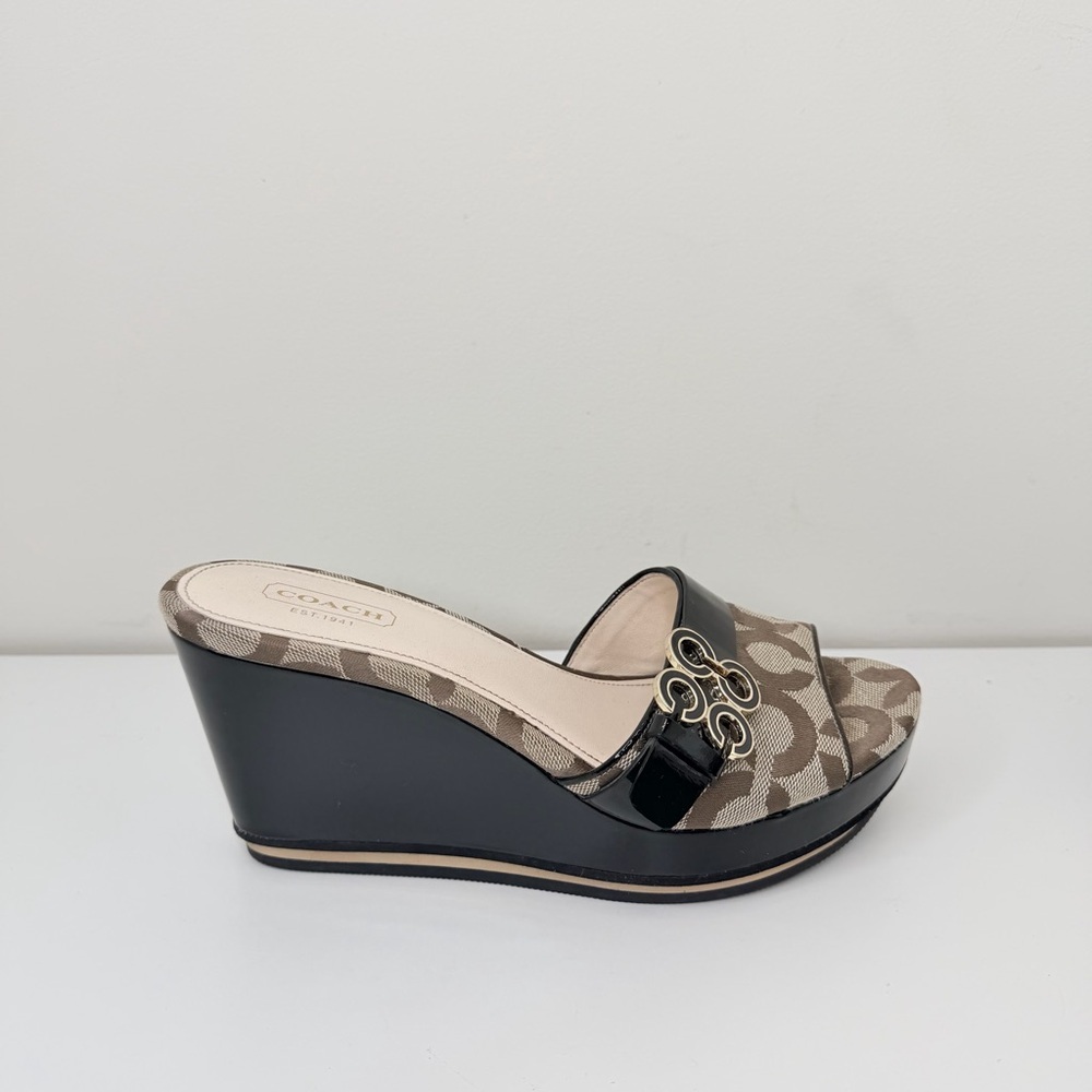 Coach Geri Wedge Sandals Signature Logo Canvas Platform Heels Size 7 - Picture 3 of 13